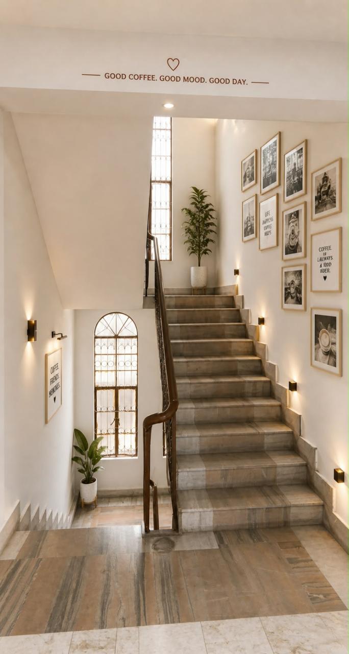Marble staircase with framed coffee photographs on the wall
