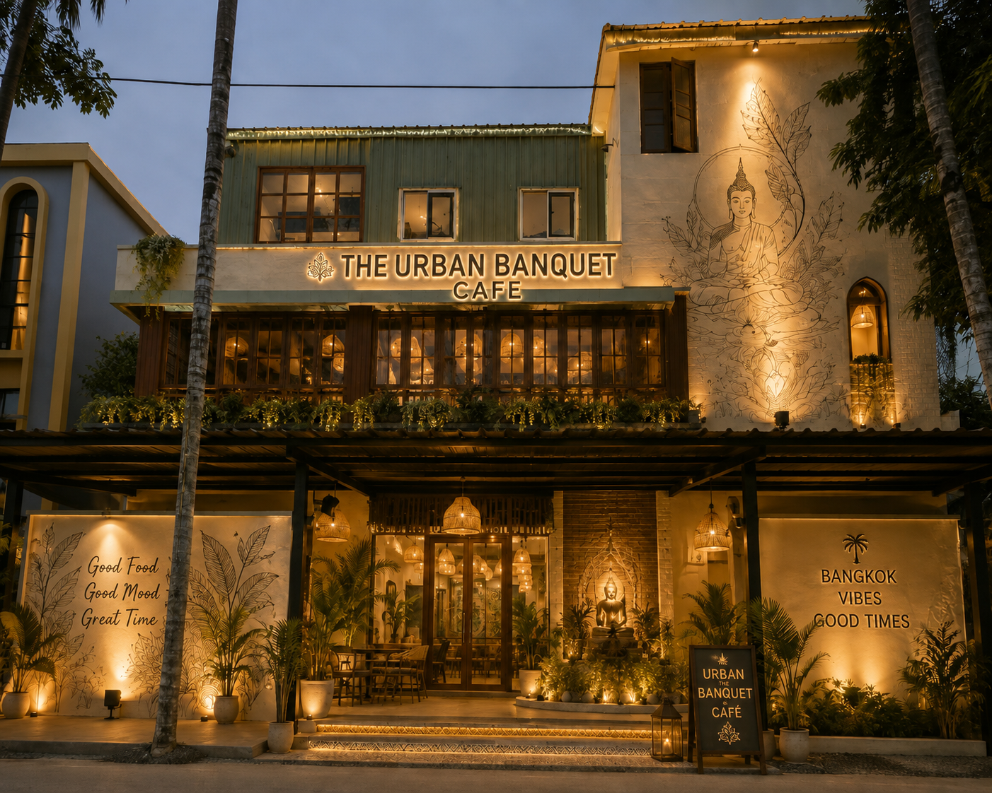 Illuminated cafe and banquet facade at dusk