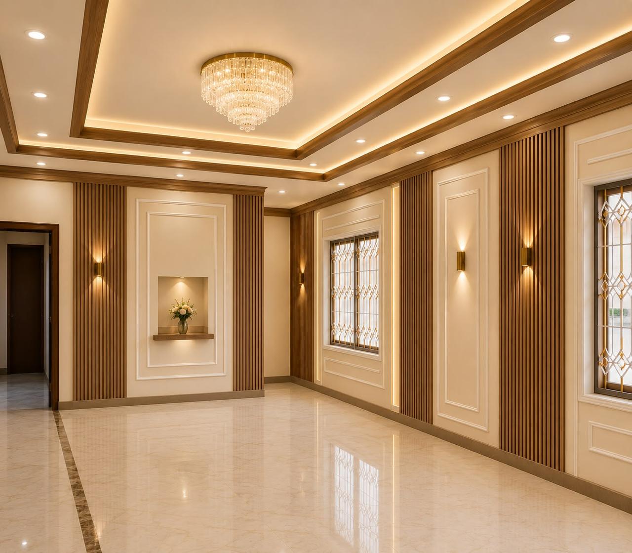 Banquet hall with chandelier, wood panelling and marble floors