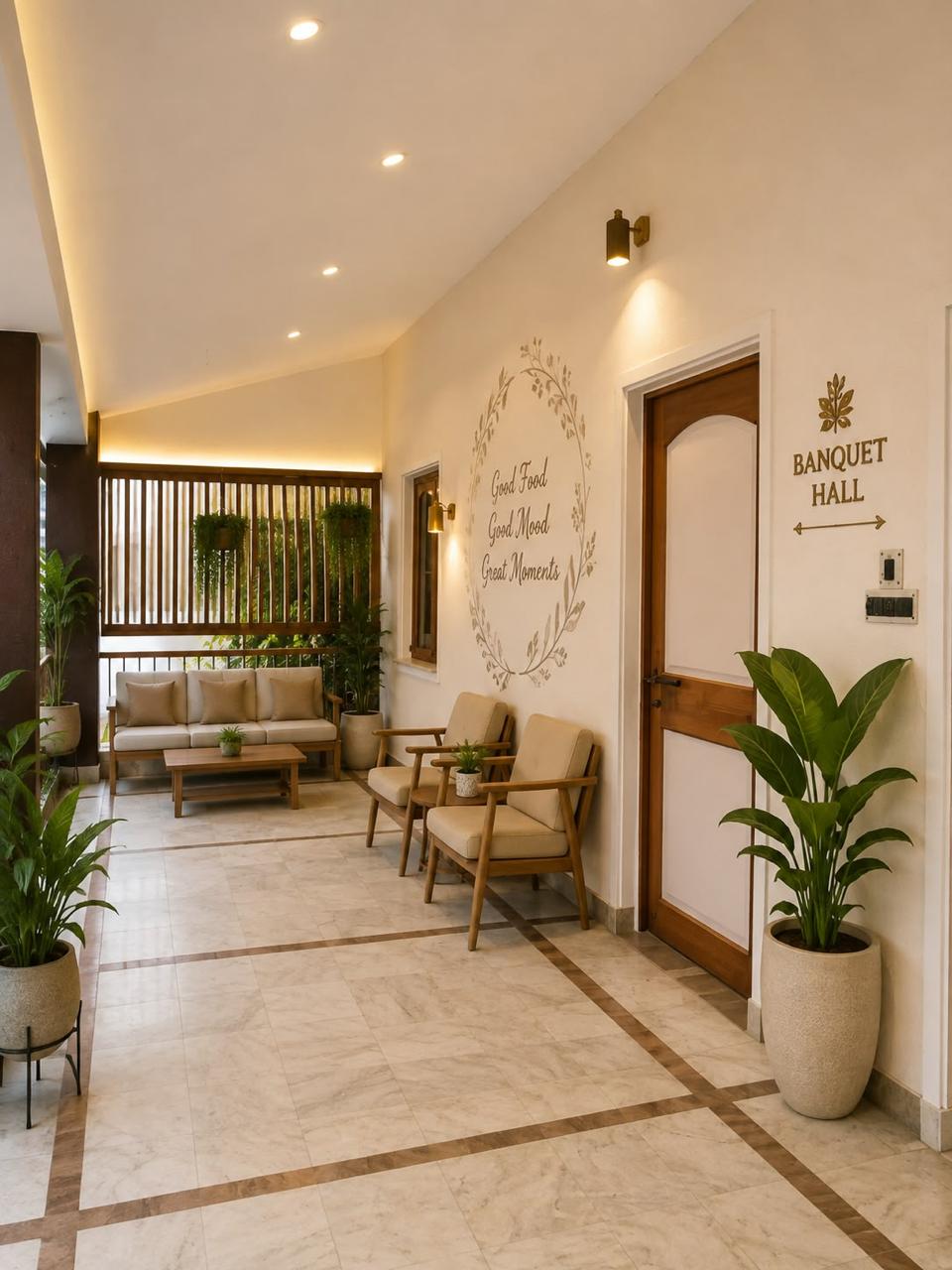 Lounge seating outside the banquet hall with plants and warm lighting