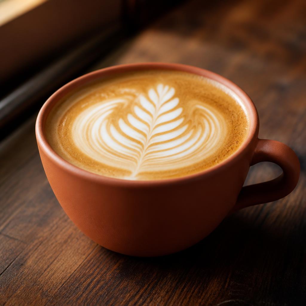 Latte with rosetta art in a terracotta cup