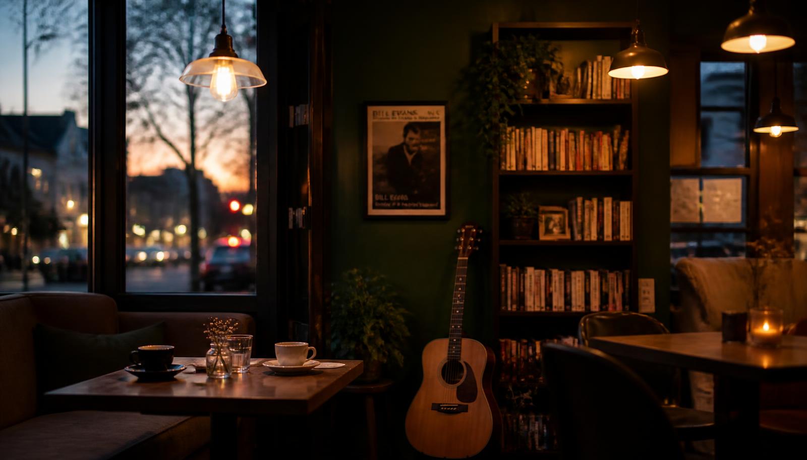 Warm cafe corner with pendant lights, books and a guitar at dusk