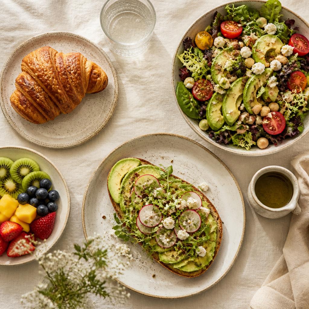 Continental breakfast spread with salad, avocado toast and fruit
